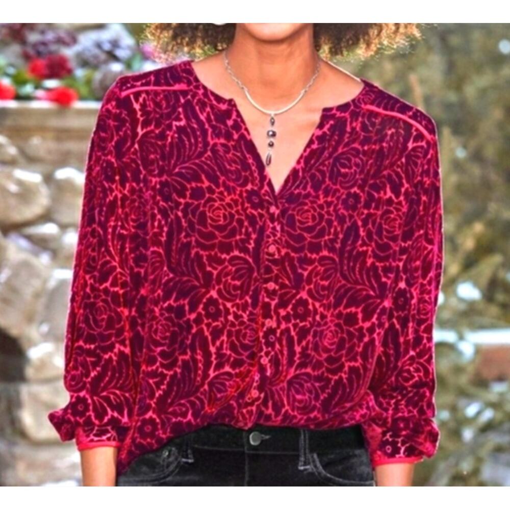 Sundance Velvet Obsession Button Top Burnout XS‎ Burgundy Red Silk Blend Floral